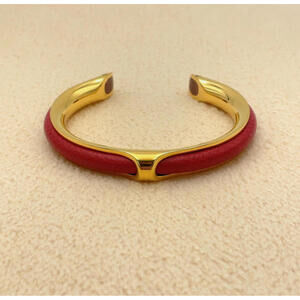 Authentic Hermes Gold Red Kyoto Bangle Leather Cuff Bracelet  Gold Plated